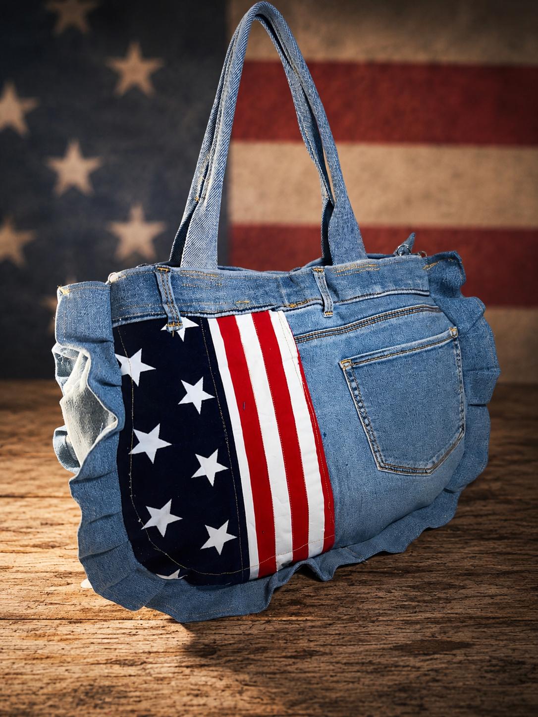 Handcrafted upcycled denim purse with American flag design